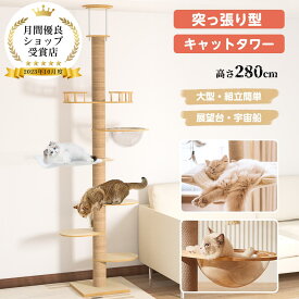 6段タイプ キャットタワー 突っ張り 高さ280cm スリム 省スペース 猫タワー 大型猫用 多頭飼い 天然麻紐 爪とぎ キャットツリ 狭い 部屋 キャットタワー見晴台 透明宇宙船