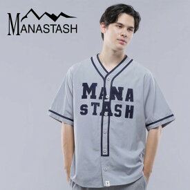 【MANASTASH】MANASTASH/マナスタッシュ/COLLEGE LOGO BB SHIRT/カレッジロゴ ベースボールシャツトップス 半袖 ユニフォーム 野球 スポーティー スポーツミックス ブラック グレー S～XL 新作 24ss 春夏 春コーデ 夏コーデ