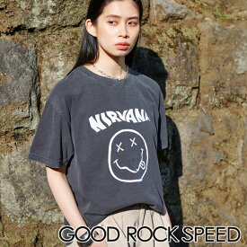 【MANASTASH】GOOD ROCK SPEED×MANASTASH(×グッドロックスピード)別注NIRVANAコラボニルバーナ シンプル ブラック フェード加工 エイジング トップス 半袖 Tee カワイイ グランジ ヴィンテージ 古着風 着古し M～XL