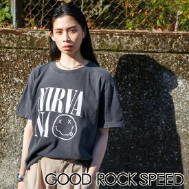 【MANASTASH】GOOD ROCK SPEED×MANASTASH(グッドロックスピード)別注NIRVANAコラボニルバーナ シンプル ブラック フェード加工 エイジング トップス 半袖 Tee カワイイ グランジ ヴィンテージ 古着風 着古し M～XL