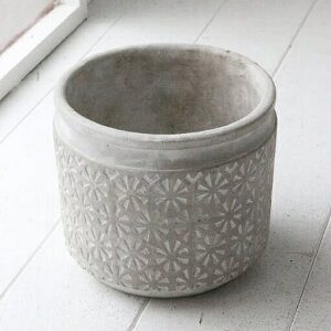 植木鉢 おしゃれ アンティーク セメント チェロックリムラウンド< 19.5cm 6.5号 穴あり ホワイト グレー プランター 模様 絵 柄 民族柄 シャビー 鉢 コンクリート 円筒 丸い ガーデニング 室内