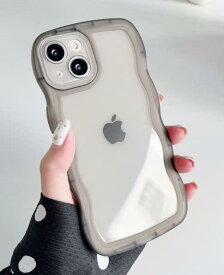 iPhone ケース 透明 クリア ウェーブ 波型 かわいい オシャレ 持ちやすい 衝撃吸収 保護 自撮り 韓国 (iPhone14Pro, クリアグレー)