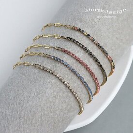 ブレスレット ハーフ テニスブレスレット ステンレス 金属アレルギー対応 レディース カラーCZジルコニア 6色 ペーパークリップ チェーンブレスレット ゴールド 華奢 大人 上品 ギフト ブラック クリア ピンク グリーン ブルー マルチ