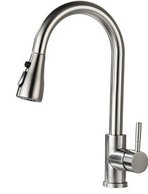 シルバー アークシングルハンドル引き出しスプレーキッチン蛇口デュアル機能　キッチン用水栓 混合水栓 真鍮製混合栓 (シルバーステンレス) グースネック スワン 蛇口 レトロ 洗面台 水道 取り付けホース付き おしゃれな蛇口 色：シルバーステンレス