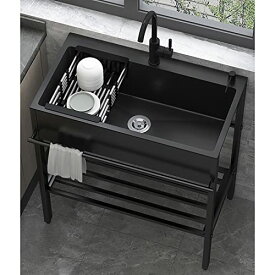ブラック 混合水栓付き 黒 流し台 ガーデンシンク 庭 業務用流し台 屋外 流し台 キッチンシンク 置き場付き シングルシンク屋外用ステンレス流し台 錆びず ガーデンシンク 屋外流し台蛇口が付いています 簡単取付 屋内 BBQ アウトドアに適用 【 Size : 60x45x86cm】