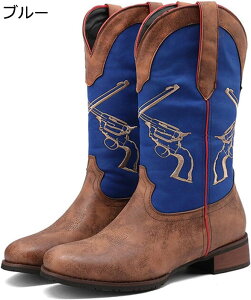 ウエスタンブーツ メンズ 大きいサイズ ユニセックス 刺繍 バイカラー 太めヒール ローヒール 3.5cm ロングブーツ 秋用 オートバイ靴 耐磨耗性 通気 履きやすい レトロ風 幅広 劇団衣装 cosplay