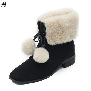 ショートブーツ レディース スノーブーツ ポンポン付き かわいい 裏起毛 もこもこ フェイクファー付き リボン スクエアヒール スクエアトゥ ウィンターブーツ 綿靴 防寒靴 フェミニン 通勤