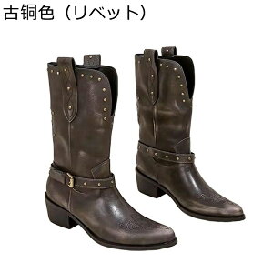 ウエスタンブーツ 本革 レディース 刺繍 チェーン レディース リベット レザー ジョッキー 太ヒール ポインテッドトゥ 秋冬 ヴィンテージ調 ギャル カジュアル ミドル丈 耐久 防滑 安定感 騎