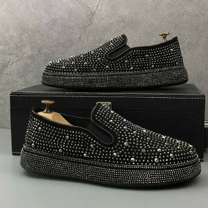 スリッポン スニーカー メンズ ラインストーン スタッズ サイドゴア スパンコール キラキラ b系 ヒップホップ ストリート系 シルバー ブラック 短靴