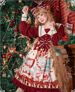 クリスマスベアロリータスカートゴスロリワンピース ロリィタ OP Lolita ロリータ コスプレ 日常服ゴスロリワンピース人形師 レディースフリルレース ワインカート少女ワンピ ゴージャスド