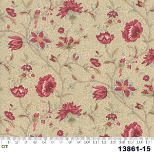 【Moda モダ】Le Beau Papillon-13861-15(2D-01) ベージュ ブラウン 赤 花柄 植物柄 鳥柄 アンティーク コットン100% シーチング フレンチジェネラル【10cm単位販売】
