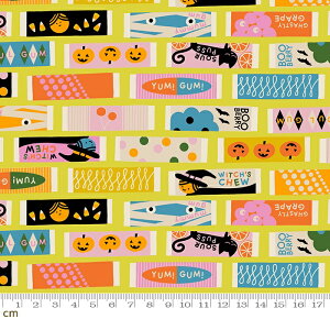 【Moda モダ】Spooky Darlings-RS5074-11(2E-08) イエロー 黄色 アイテム柄 ポップ ガム柄 カボチャ ネコ かわいい ハロウィン Halloween コットン100% シーチング ruby star ルビースター【10cm単位販売】