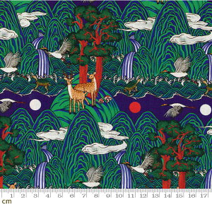 【Happy Quilt】傑作シリーズ25弾 一月五峰図-HQ-CT2201062-B(2D-03) ブラック パープル 風景柄 動物柄 鹿 螺鈿細工風 コットン100% シーチング 韓国 伝統柄 輸入生地【10cm単位販売】