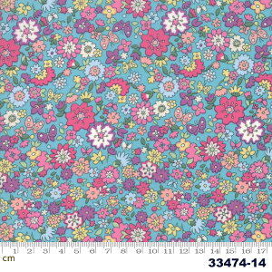 【Moda モダ】Regent Street Lawns 2019-33474-14(ローン生地)(3B-02) スカイブルー パープル ピンク系 小花柄 蝶 ファンシー コットン100%【10cm単位販売】