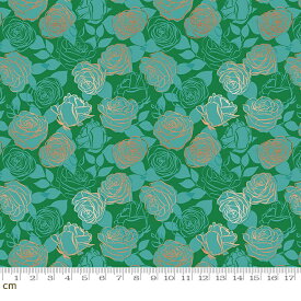 【Moda モダ】Curio-RS0063-14M(メタリック加工)(3B-01) グリーン系 ターコイズ系 ゴールド 花柄 薔薇 レトロポップ コットン100% シーチング ruby star ルビースター【10cm単位販売】