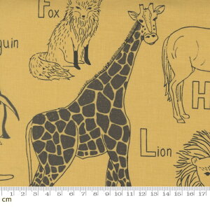 【Moda モダ】ABC xyz-20812-14(2E-07) イエロー系 マスタードイエロー 動物柄 アルファベット柄 コットン100% シーチング【10cm単位販売】