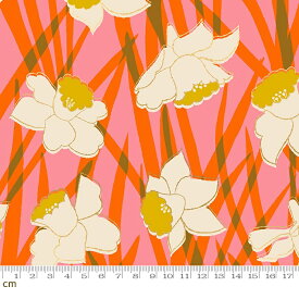 【Moda モダ】Reverie-RS0049-12M(メタリック加工)(2E-08) ホワイト ピンク 花柄 ボタニカル柄 水仙 かわいい コットン100% シーチング ruby star ルビースター【10cm単位販売】