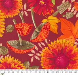 【Moda モダ】Forest Frolic-48740-16(3B-03) ワインレッド 大花柄 ガイラルディア キノコ柄 どんぐり 落ち葉 紅葉 ノスタルジック 大柄 コットン100％ シーチング 【10cm単位販売】