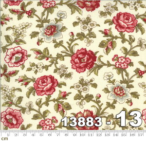 【Moda モダ】La Rose Rouge-13883-13(2E-02) ホワイト系 オフホワイト グリーン系 カーキ レッド系 赤 花柄 植物柄 コットン100% シーチング【10cm単位販売】