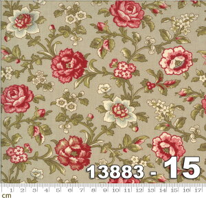 【Moda モダ】La Rose Rouge-13883-15(2E-02) グレー系 グリーン系 カーキ レッド系 赤 花柄 植物柄 アンティーク コットン100% シーチング【10cm単位販売】