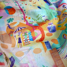 【nora. ノラ】24SP-ST1422-B(3D) オレンジ カラフル アニマル柄 人物柄 風景柄 ユニークコットン100% シーチング【10cm単位販売】