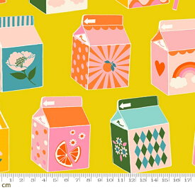 【Moda モダ】Juicy-RS0086-14(3B-08) イエロー カラフル 紙パック ジュース柄 フルーツ柄 レトロポップ ruby star ルビースター コットン100% シーチング【10cm単位販売】
