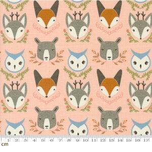 【Moda モダ】Woodland Wonder-48392-18(3B-08) アニマルフェイス柄 森に住む動物 キツネ シカ フクロウ クマ 子ども向け ソフトピンク シーチング 110cm幅 コットン100%【10cm単位販売】
