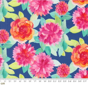【Moda モダ】Flower Patches-21823-20(3A-02) 花柄 薔薇 ブルー レッド 水彩画 デジタルプリント パッチワーク柄 ハンドメイド シーチング コットン100% シーチング 110cm幅【10cm単位販売】
