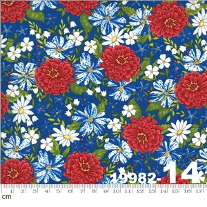 【Moda モダ】America The Beautiful-19982-14(2E-03) レッド系 赤 ホワイト系 白 ブルー系 青 グリーン系 緑 花柄 コットン100% シーチング【10cm単位販売】