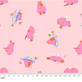 【Ruby Star】Animal Animal-RS5164-12(3A-07) ピンク カピバラ のんびり 水遊び オレンジ 入園 入学 子供 ルビースター ポップ かわいい コットン100％ シーチング 110cm幅【10cm単位販売】