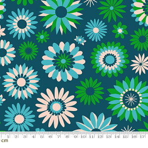 【Ruby Star】Carousel-RS0097-15(3A-01) 幾何花柄 レトロポップ ブルー コットン100% 3シーチング 110cm幅【10cm単位販売】