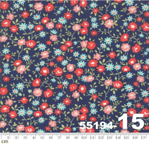【Moda モダ】Early Bird-55194-15(2C-03) ネイビー 紺 水色 赤 花柄 コットン100% シーチング【10cm単位販売】