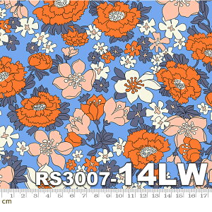 【Moda モダ】Lindley Lawn 2019-RS3007-14LW(ローン生地)(2C-05) ブルー系 オレンジ系 ホワイト系 花柄 ボタニカル ファンシー コットン100%【10cm単位販売】