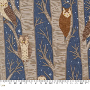 【Moda-k モダ】Night Owl-48420-14(3A-05) フクロウ 夜 星空 鳥 ネイビー ブラウン シーチング 110cm幅 パッチワーク ハンドメイド【10cm単位販売】