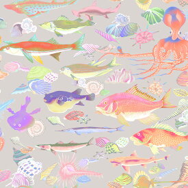 【くまみきセレクションポイント20倍＆最大500円OFF！】nora.-22SP-KM1017(1F-06)(1F-11) 魚柄 海の生き物 グレー ポップ 和柄 海 コットン100% シーチング【10cm単位販売】