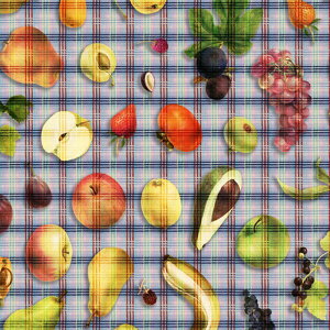 【nora. ノラ】22WI-ST1131-OX-A(1F-13) ブルー オレンジ フルーツ柄 チェック おしゃれ リアルタッチ コットン100% オックス生地 110cm【10cm単位販売】