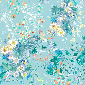 【nora. ノラ】23SU-FR1212-B(1F-03) 花柄 ターコイズ カラフル アクリル画風 ダイナミック コットン100% シーチング【10cm単位販売】
