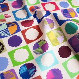 【nora. ノラ】23SU-FR1196-OX(3D) 花柄 幾何花柄 ピンクベージュ ブラック カラフル ポップ タイル風 コットン100% オックス生地 110cm幅【10cm単位販売】