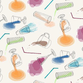 【nora. ノラ】21FA-ST1057(3D) グラス柄 食器柄 ベージュ カラフル コットン100% シーチング 110cm幅【10cm単位販売】