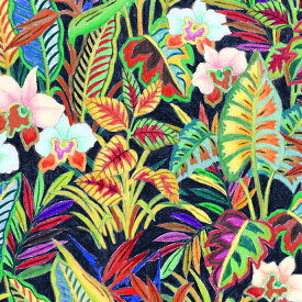 【nora. ノラ】22SU-FR1037(3D) 植物柄 ボタニカル柄 ジャングル 水彩 ブラック カラフル コットン100% シーチング 110cm幅【10cm単位販売】