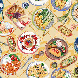 【nora. ノラ】22FA-SN1015-A(3D) ライトオレンジ ランチ柄 フード柄 食べ物柄 かわいい おしゃれ 大柄 大きめ柄 コットン100% シーチング 110cm幅【10cm単位販売】