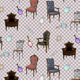 【nora. ノラ】22WI-ST1140-A(3D) ピンク ブルー チェック アンティークチェア 椅子柄 アンティーク風 コットン100% シーチング 110cm幅【10cm単位販売】