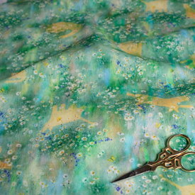 【nora. ノラ】23SU-FR1255-G(3D) 小花柄 猫柄 グリーン ブルー ナチュラル ファンタジック 水彩風 かわいい コットン100% ダブルガーゼ 110cm幅【10cm単位販売】