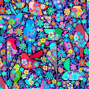 【nora. ノラ】23SU-ST1170(1F-03) 花柄 鳥柄 ホワイト パープル カラフル ポップ ファンシー コットン100% シーチング 110cm幅【10cm単位販売】