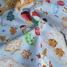 【nora. ノラ】23FA-SN1050(3D) お菓子柄 スウィーツ柄 スイーツ柄 シュトーレン ジンジャークッキー カップケーキ ブルー クリスマス 冬 ファンシー かわいい コットン100% シーチング 110cm幅【10cm単位販売】