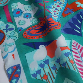 【nora. ノラ】23FA-ST1172-B(3D) 花柄 鳥 ターコイズ イラスト調 レトロ コットン100% シーチング 110cm幅【10cm単位販売】