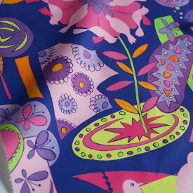 【nora. ノラ】23FA-ST1172-C(3D) 花柄 鳥 パープル イラスト調 レトロ コットン100% シーチング 110cm幅【10cm単位販売】