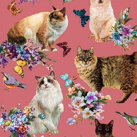 【nora. ノラ】23WI-FR1135-A(1F-09) 猫柄 ネコ 動物柄 アニマル フラワー モチーフ 総柄 花柄 おしゃれ かわいい ピンク系 デザイン コットン 100% シーチング【10cm単位販売】