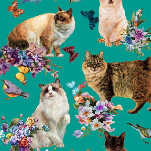 【nora. ノラ】23WI-FR1135-BR-B(ブロード)(1F-09) 猫柄 ネコ柄 動物柄 アニマル フラワー モチーフ 総柄 花柄 おしゃれ かわいい グリーン デザイン リアルタッチ 大柄 大きめ柄 コットン 100% 120cm幅【