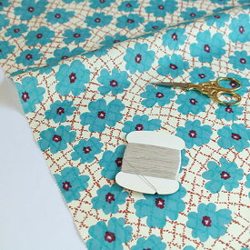 【nora. ノラ】24SU-FR1318-A(3D) スカイブルー ベージュ 花柄 北欧風 チェック柄 デジタル コットン100% シーチング 【10cm単位販売】